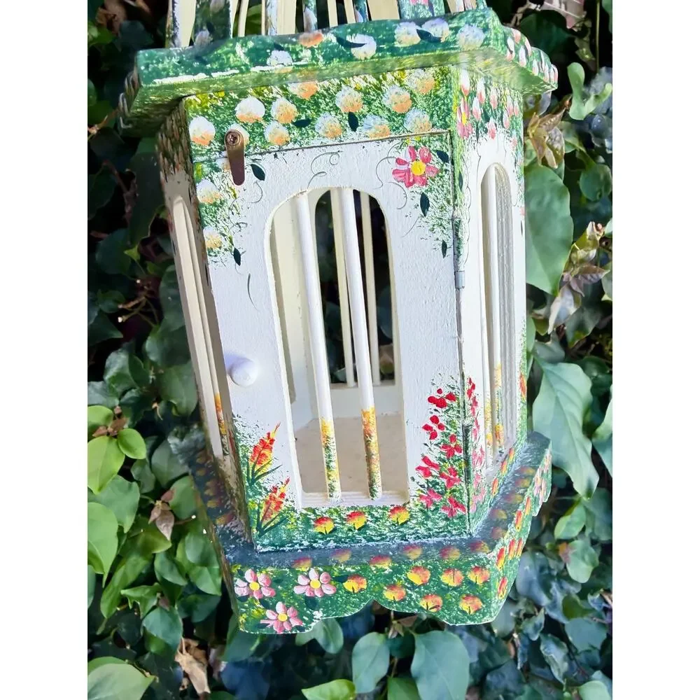 Hand Painted Wood Floral Birdcage Hanging Decor Folk Art Cottagecore Grandmacore